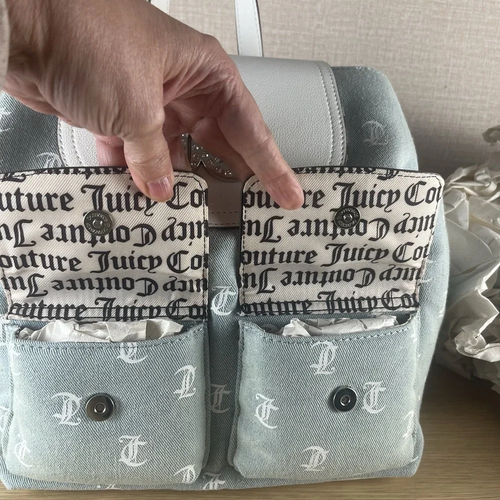Juicy Couture Denim Monogram Back To Class Backpack RhinestoneLogo WhiteTrim NWT